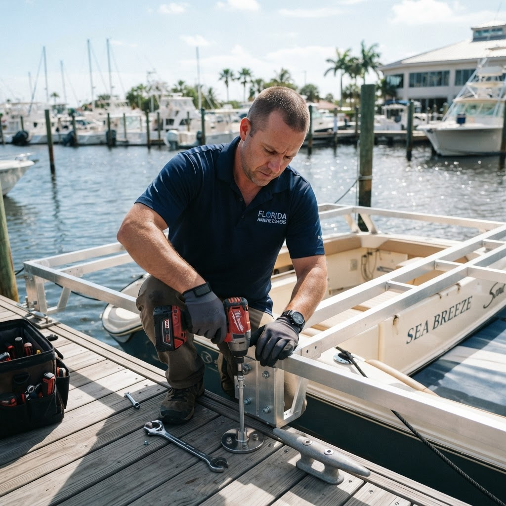 A Touchless Cover technician custom-fitting an automatic cover system on a South Florida dock